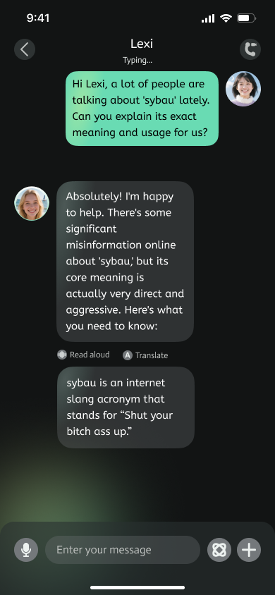 A screenshot showing the use of the term sybau, explaining the true sybau meaning.