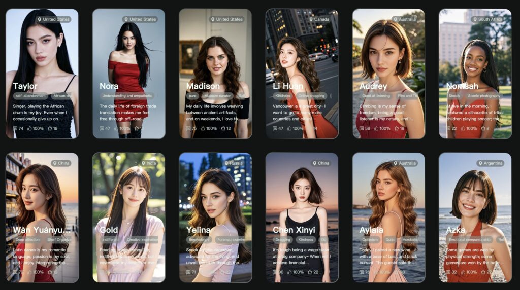 A grid displaying diverse AI Girlfriend profiles, each with a name, brief bio, and interaction stats, showcasing various personalized virtual companions.
