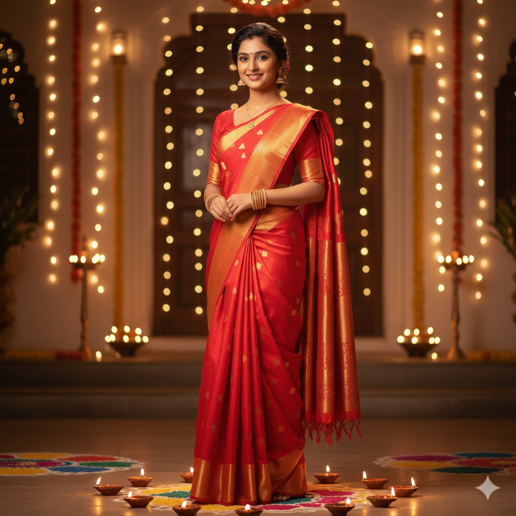 Girl in red saree during Diwali Festival