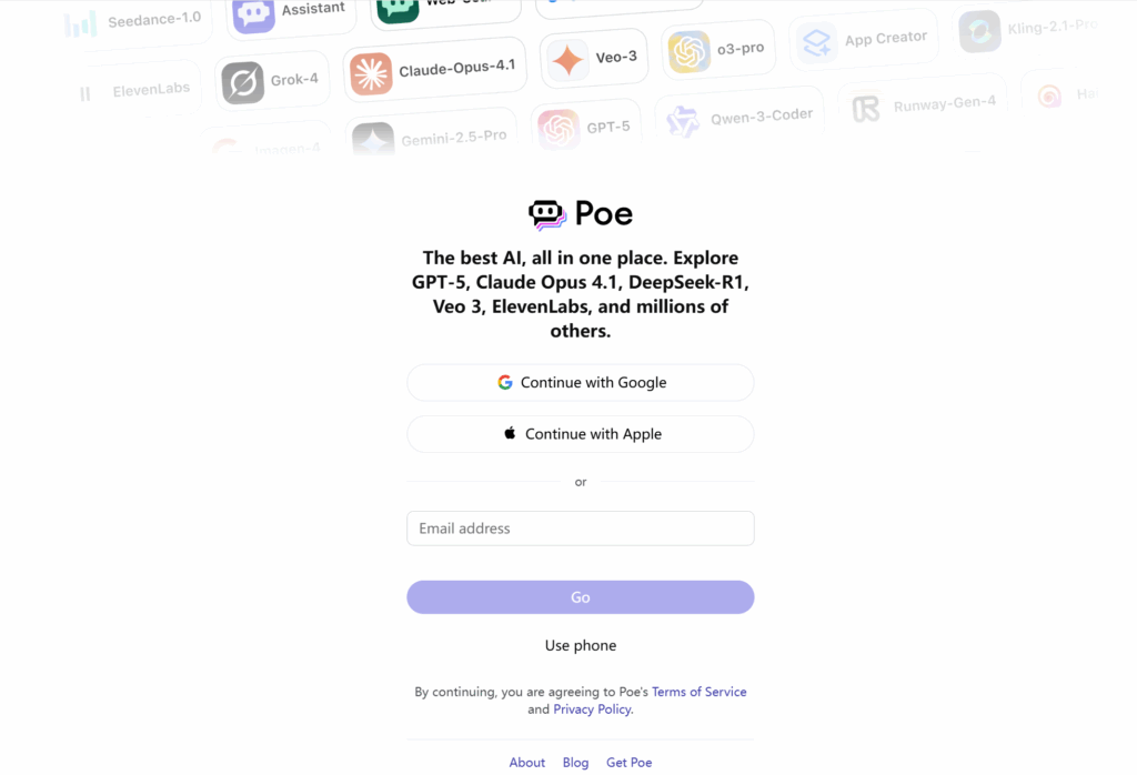 Poe AI homepage