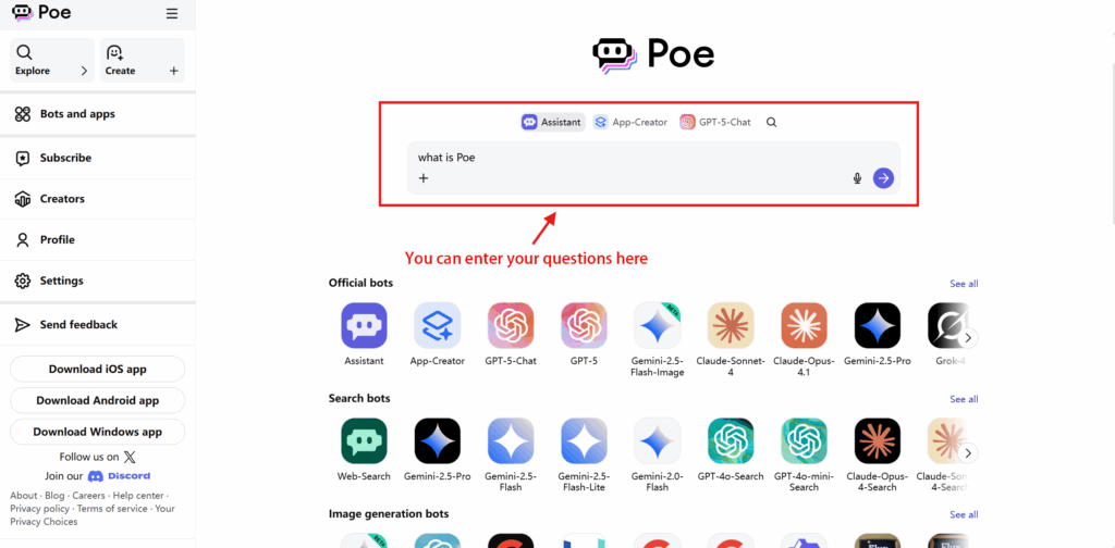 Poe AI homepage