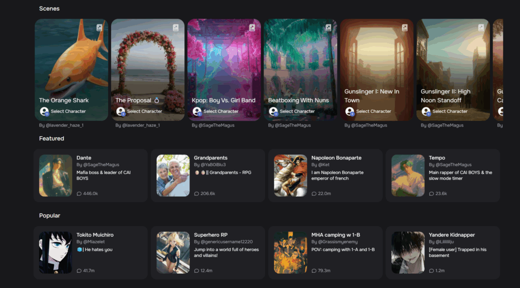 Character AI homepage