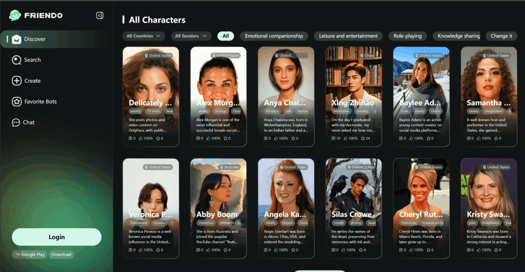 FriendoChat's AI character interface